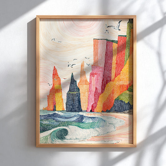 Vibrant coastal sea stacks poster with crashing waves and a pastel sky, textured line art style.