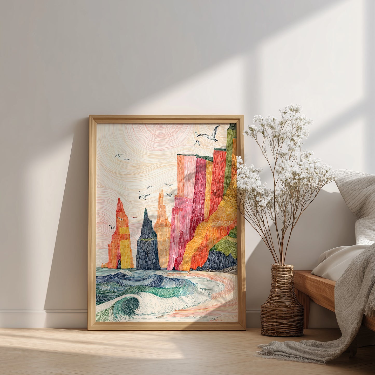 Vibrant coastal sea stacks poster with crashing waves and a pastel sky, textured line art style.
