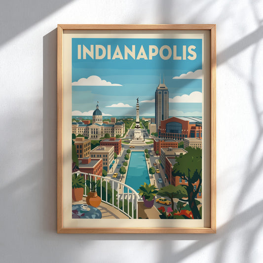 Vintage style art print of the Indianapolis skyline featuring the Soldiers and Sailors Monument and city
