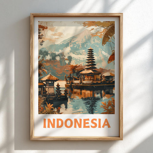 Framed artwork of a temple scene with 'Indonesia' text on a white wall.