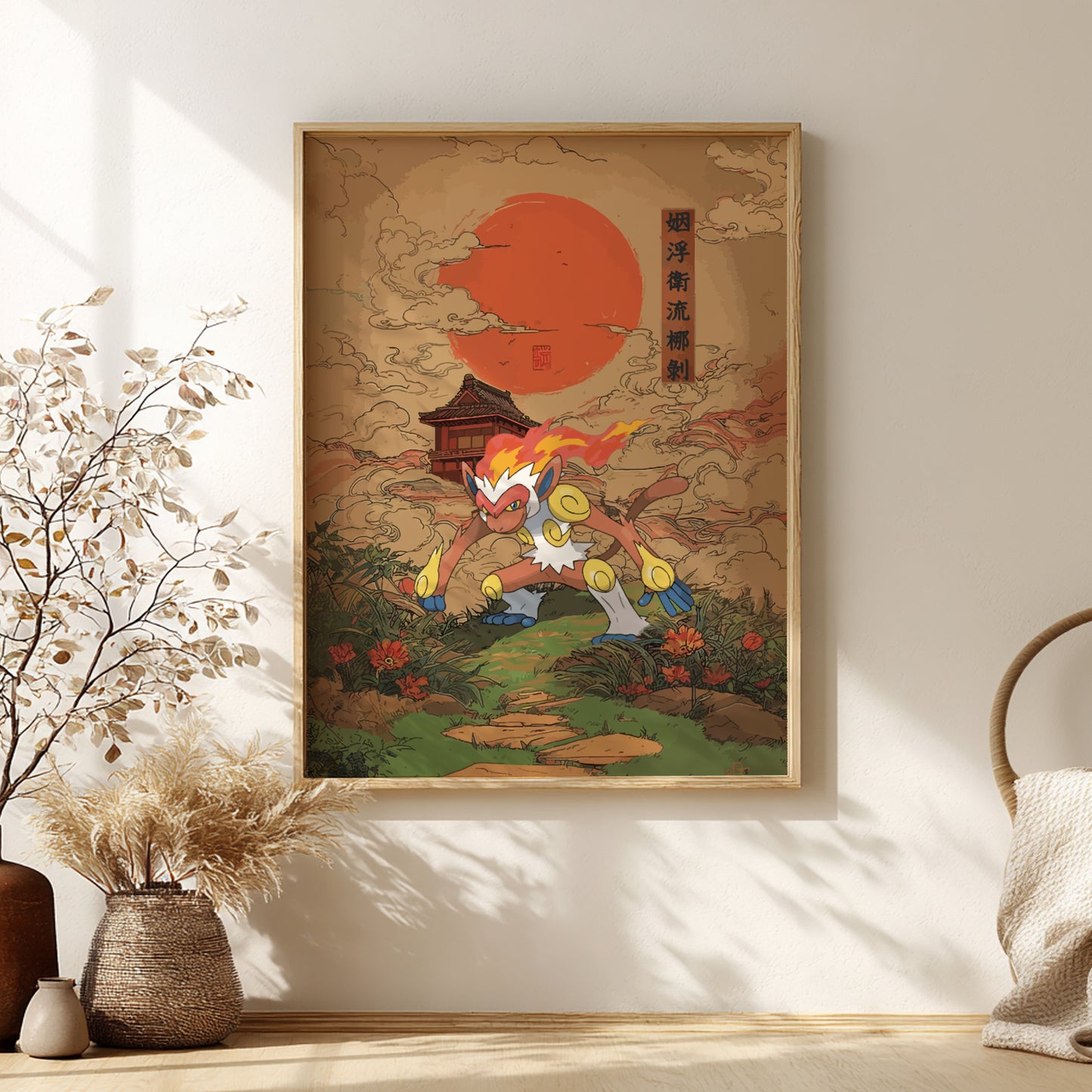 Framed artwork of Infernape Pokemon creature with a red sun and traditional architecture on a wall.