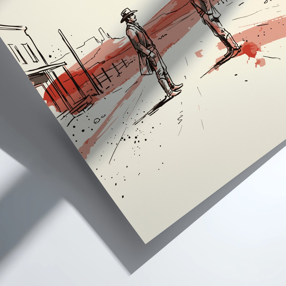 Poster showing two cowboys in a standoff on a dusty street with crimson ink
