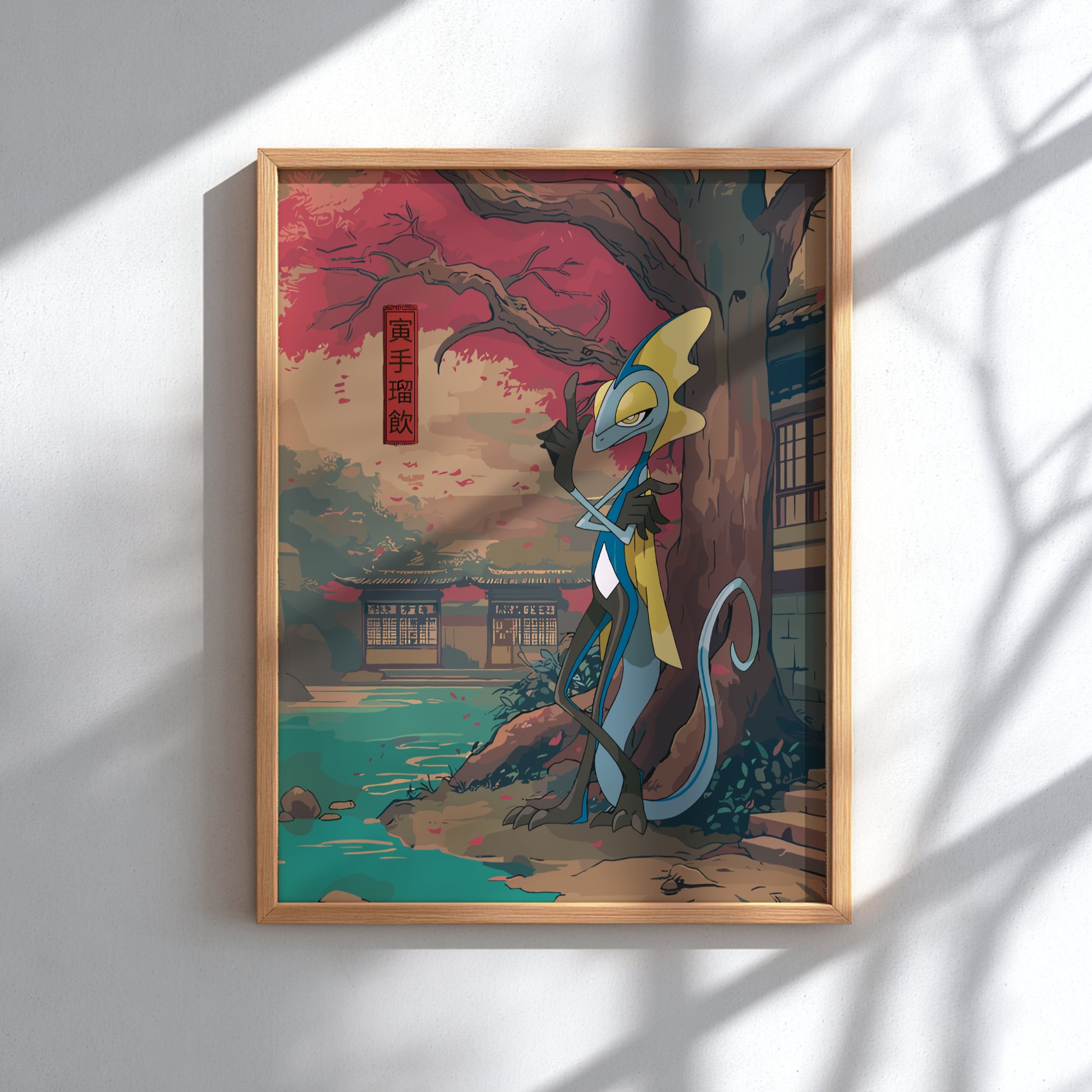 Framed artwork of a stylized Inteleon Pokemon in a Japanese-inspired setting.