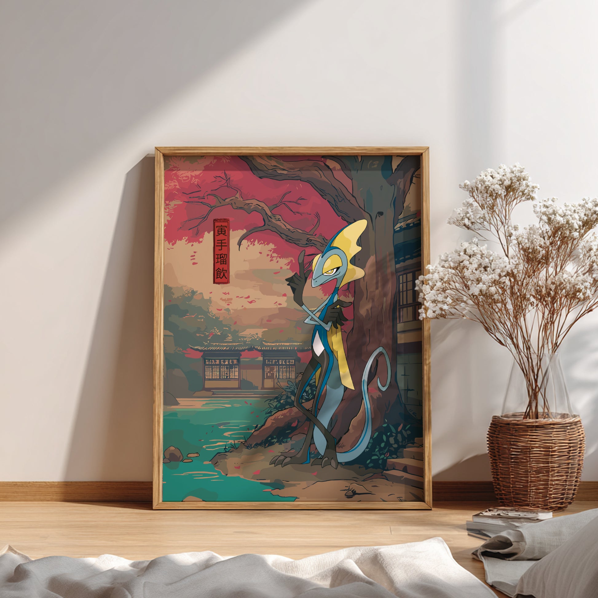 Framed artwork of a stylized Inteleon Pokemon with cherry blossoms and traditional architecture.