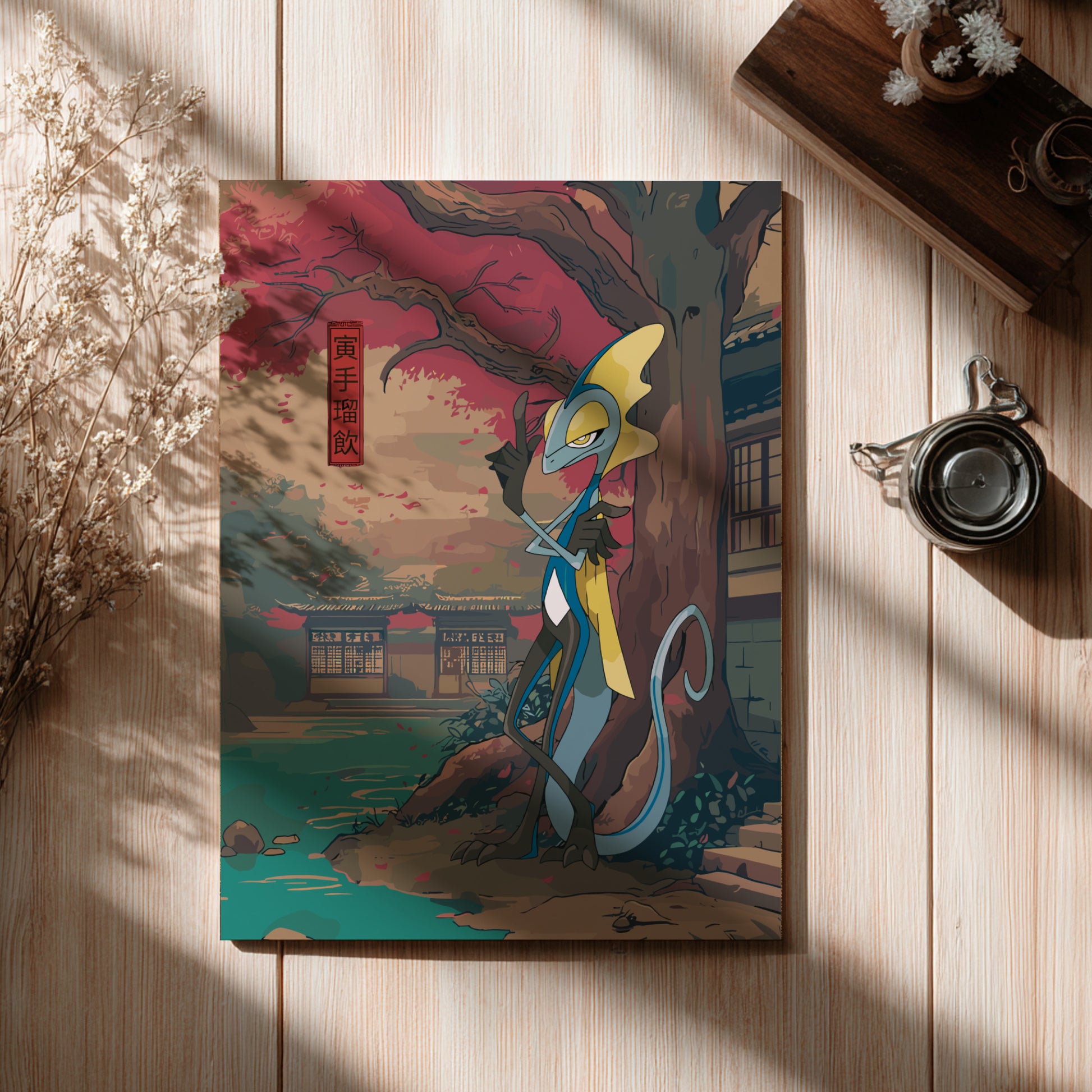 Colorful illustration of Inteleon Pokemon on a wooden surface with a cup and dried flowers.