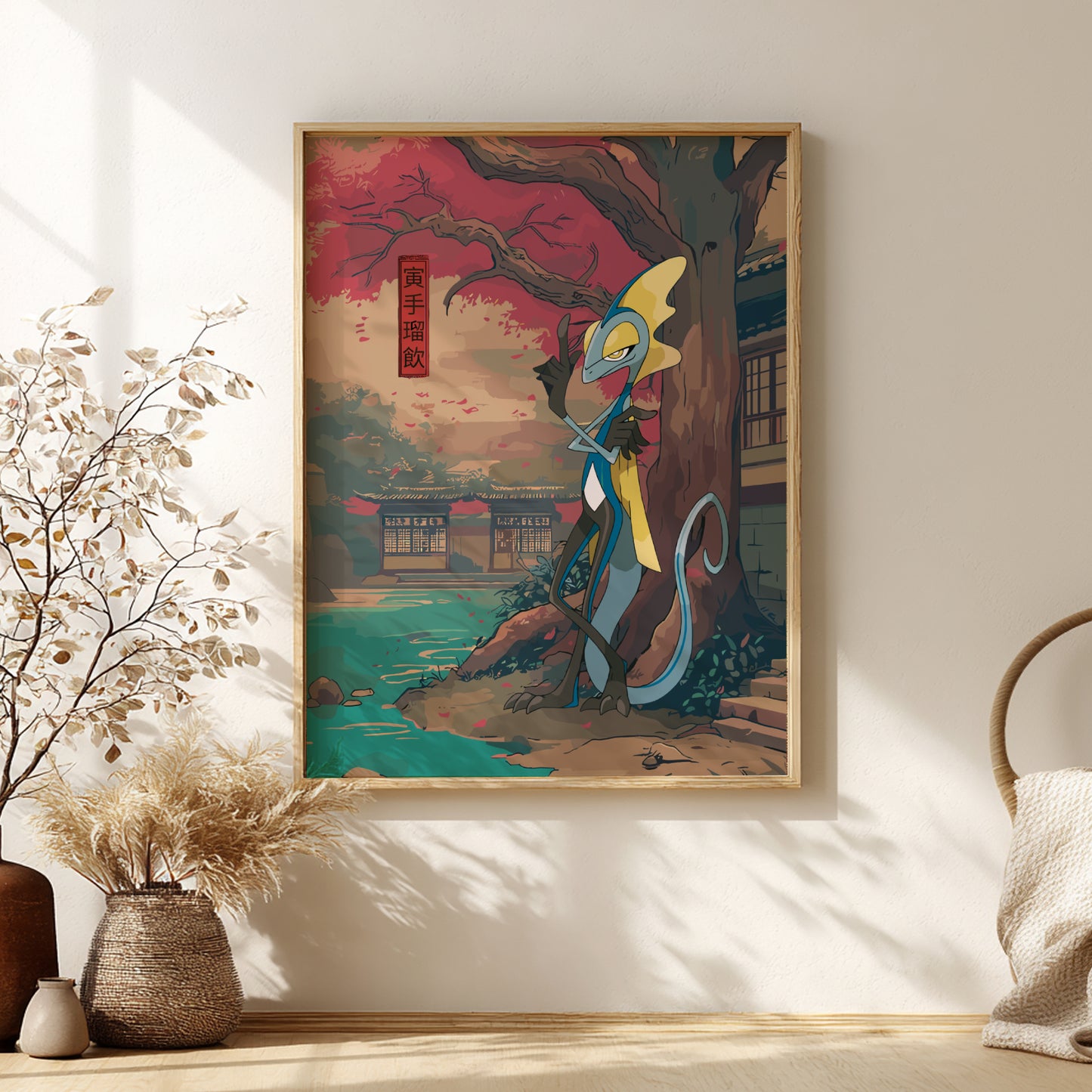 Framed artwork of Inteleon Pokemon in a traditional Japanese setting on a wall.