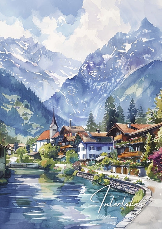 Affiche de voyage d'Interlaken - Illustration suisse