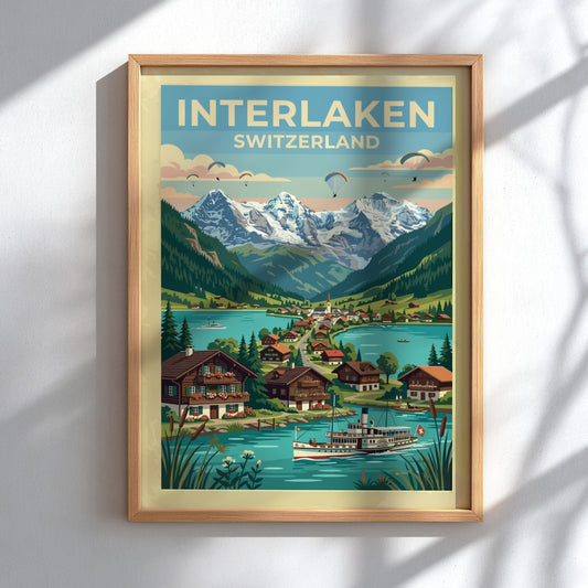 Travel poster of Interlaken Switzerland featuring a paddle steamer on a turquoise lake