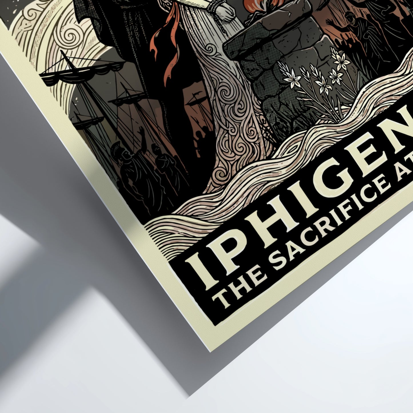 Iphigenia sacrifice poster in a graphic style, featuring a dagger, altar, and dramatic clouds.