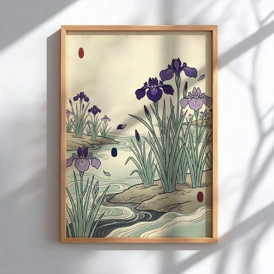 Japanese art style poster featuring irises blooming by a riverbank in soft purple and green tones