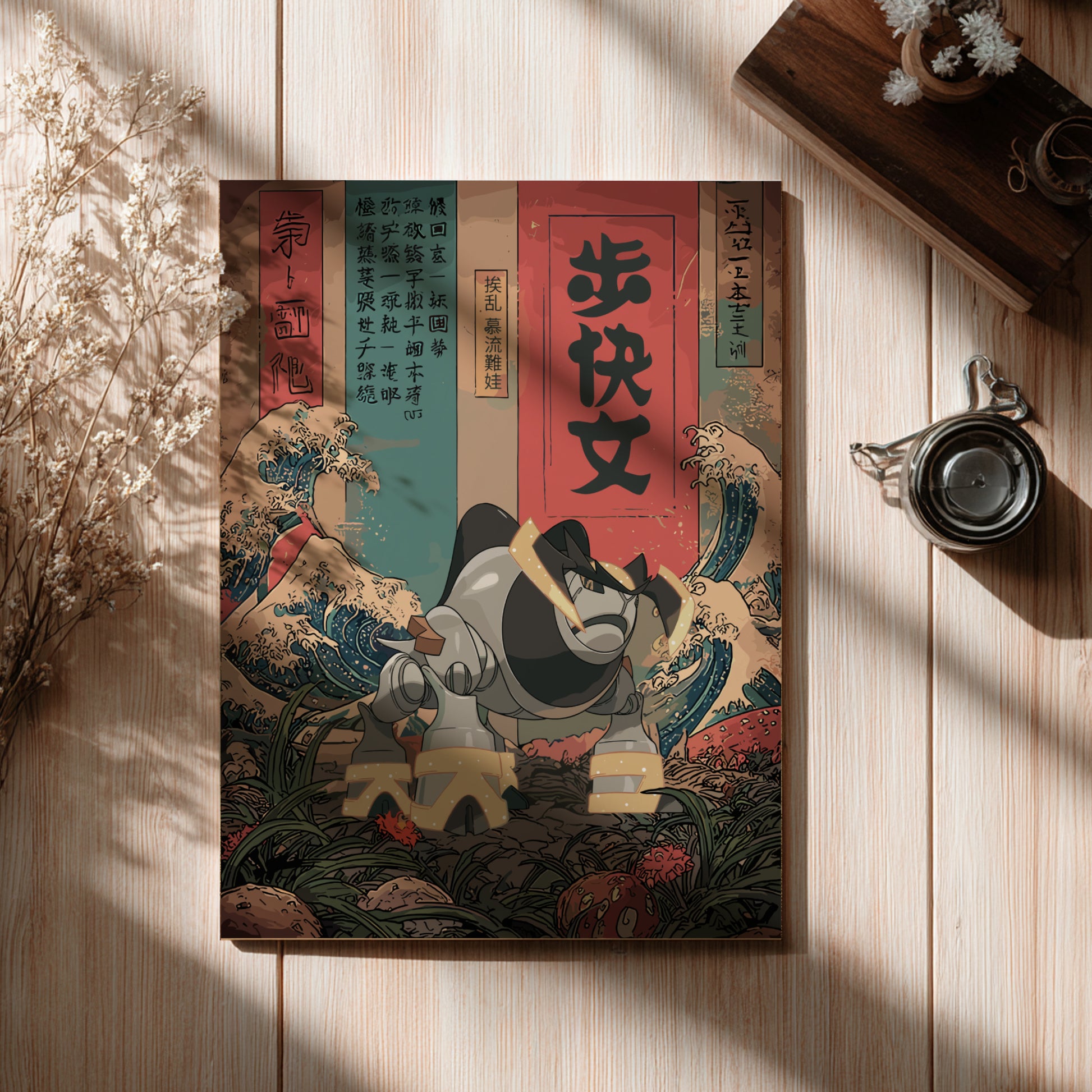 Decorative poster with Japanese-themed illustration of Iron Boulder Pokemon on a wooden surface