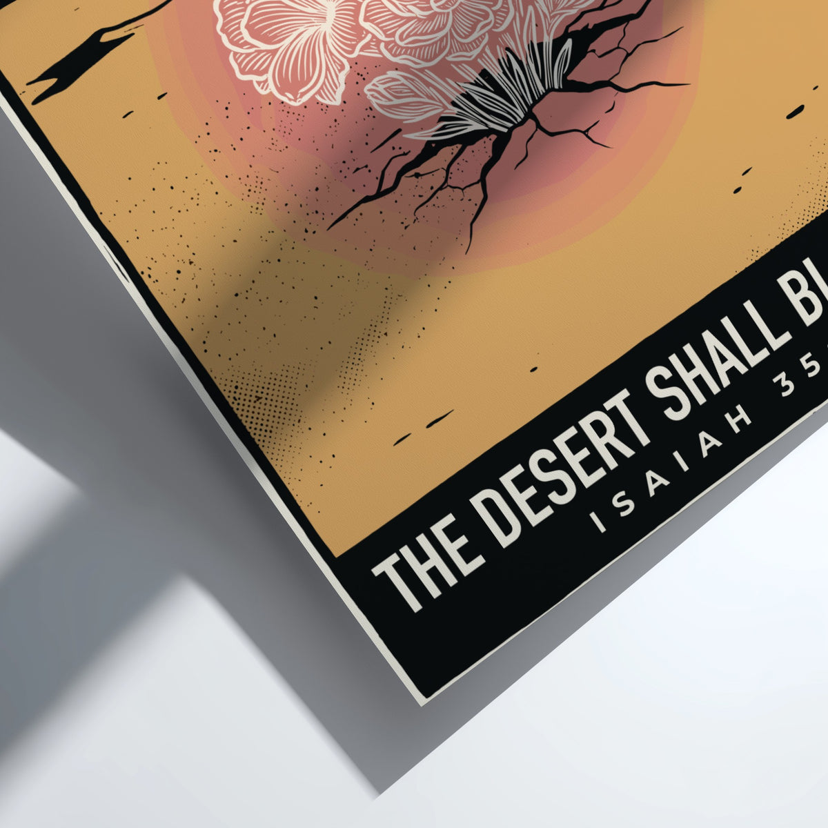Poster displaying white wildflowers blooming from cracked desert sand with golden sunset color palette.