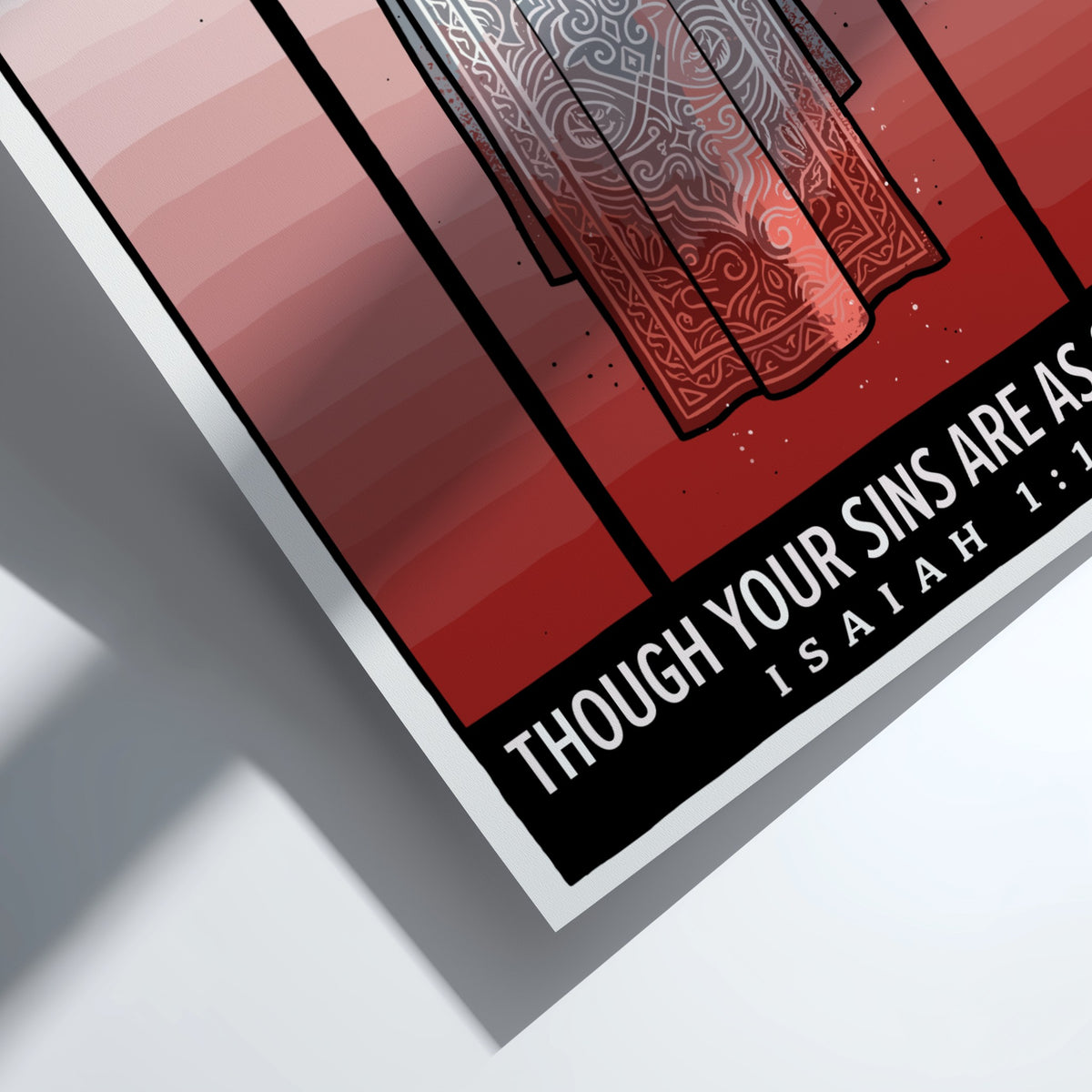 Poster displaying Though Your Sins Are As Scarlet text with a hanging garment illustration