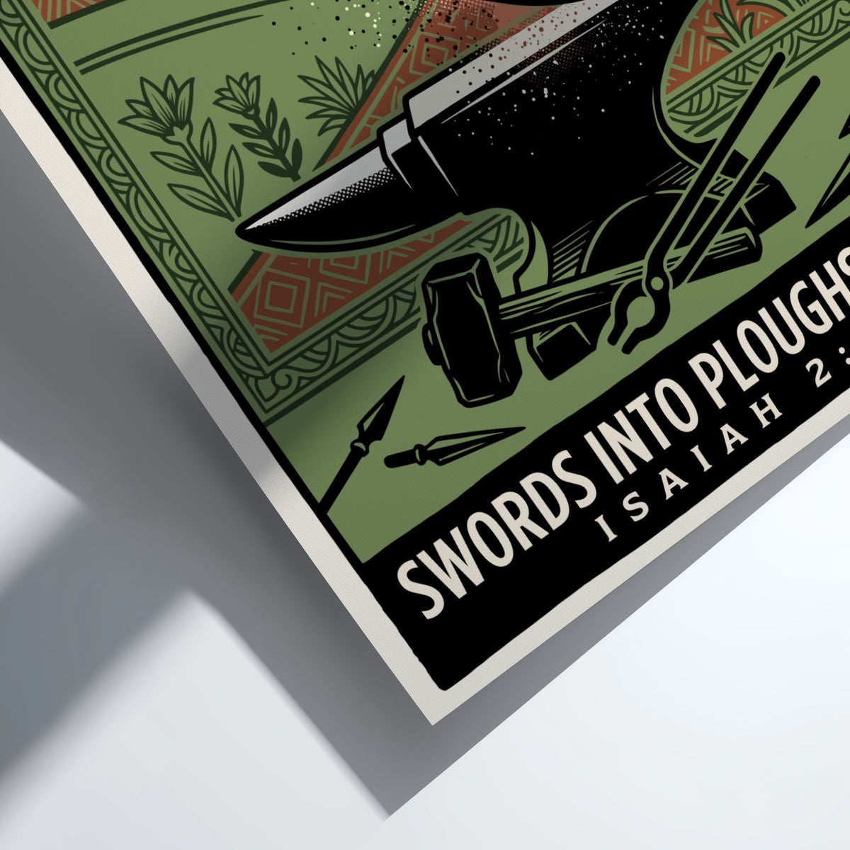 Poster featuring a sword being forged into a ploughshare with green and orange tones.