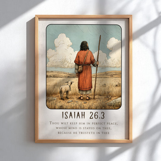 Isaiah 26:3 poster featuring a shepherd and sheep in warm tones, religious wall art for inspiration and peace