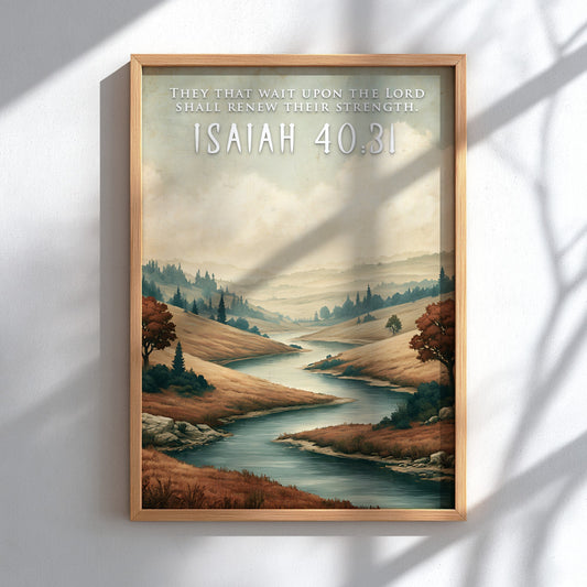 Poster featuring a winding river through golden hills with the text Isaiah 40:31 inscribed.
