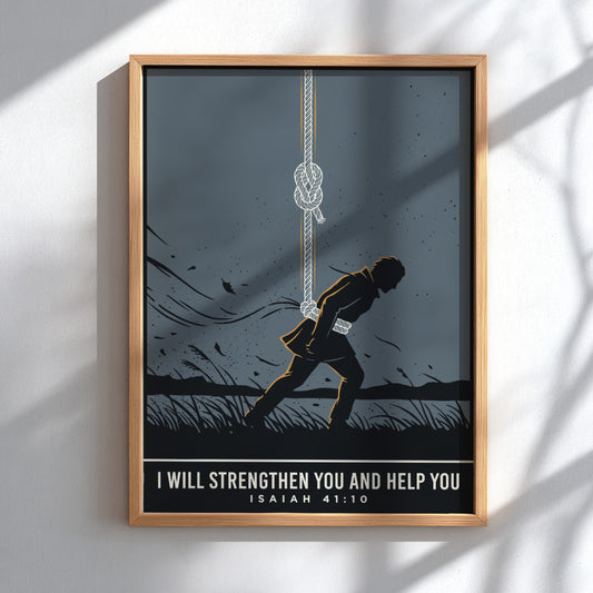 Poster featuring a figure held by a rope with Isaiah 41:10 inspirational text