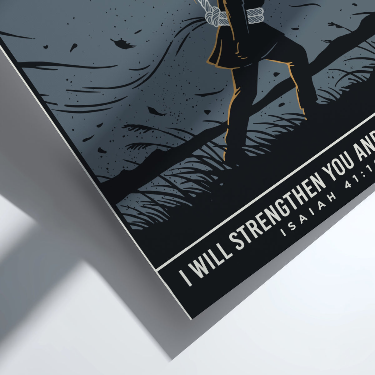 Poster featuring a figure held by a rope with Isaiah 41:10 inspirational text