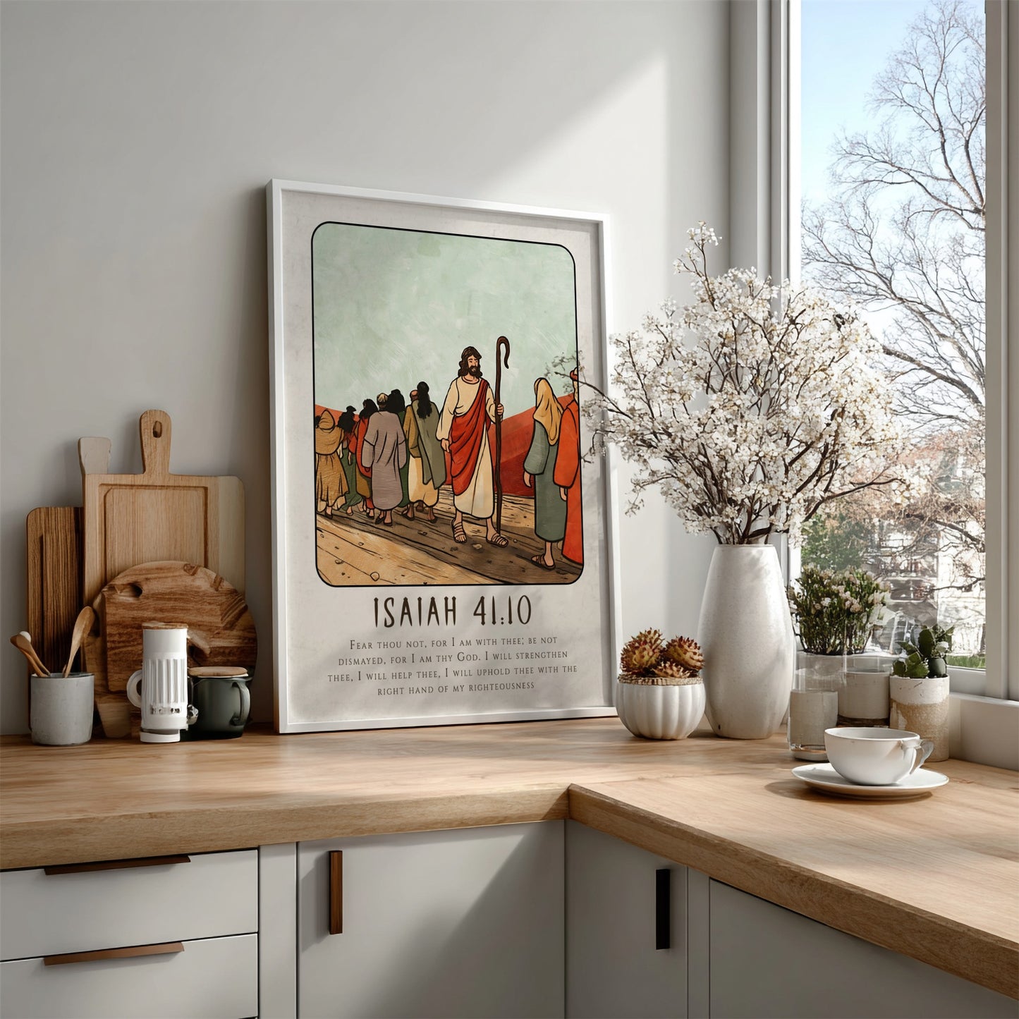Isaiah 41:10 poster featuring a serene biblical scene in warm colors, perfect for inspirational wall decor.