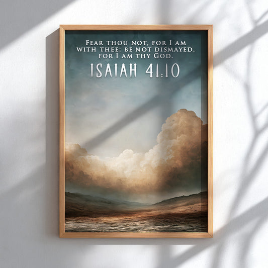 Poster featuring Isaiah 41:10 text over a serene desert landscape with cloudy skies.