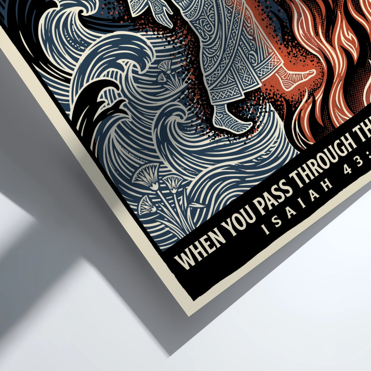 Poster featuring a figure walking between a large blue wave and orange flames.