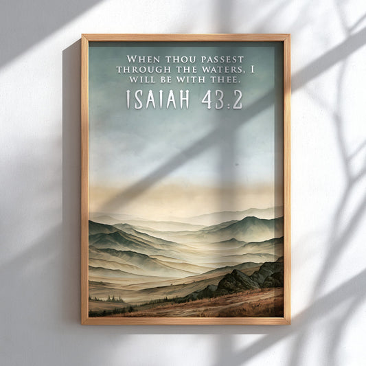 Poster of a misty mountain range with the bible verse Isaiah 43:2 displayed