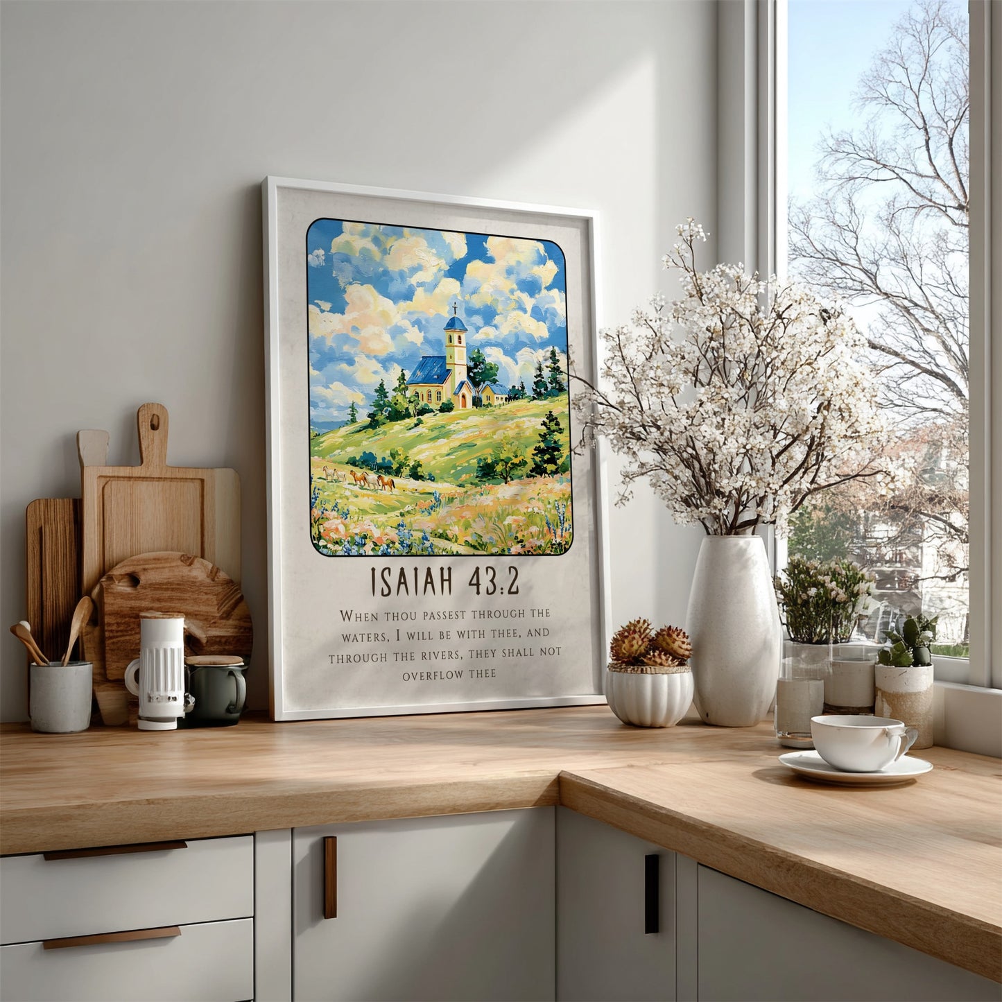 Isaiah 43:2 poster featuring a serene landscape with a church, vibrant fields, and soft colors, ideal for