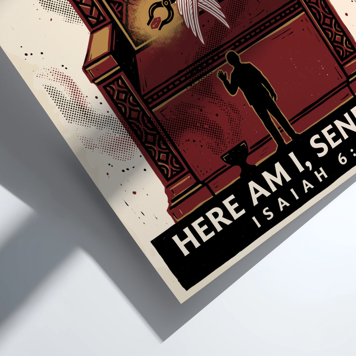 Poster featuring a seraph with large wings and coal, silhouette of a person, crimson tones.