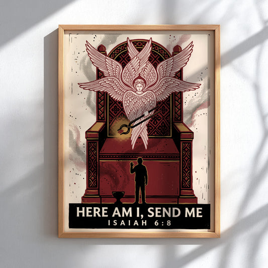 Poster featuring a seraph with large wings and coal, silhouette of a person, crimson tones.