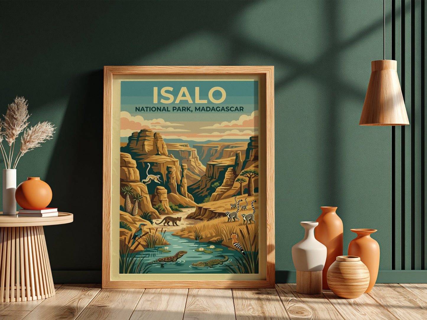 Isalo National Park poster featuring vibrant colors and wildlife, showcasing Madagascar's unique landscapes