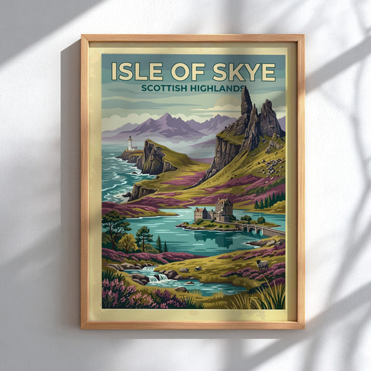 Travel poster of Isle of Skye Scottish Highlands with cliffs, lighthouse, and castle.