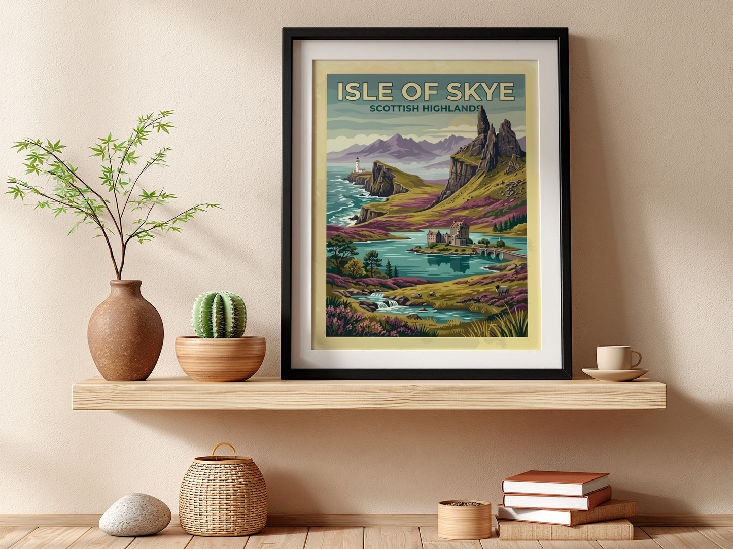Travel poster of Isle of Skye Scottish Highlands with cliffs, lighthouse, and castle.