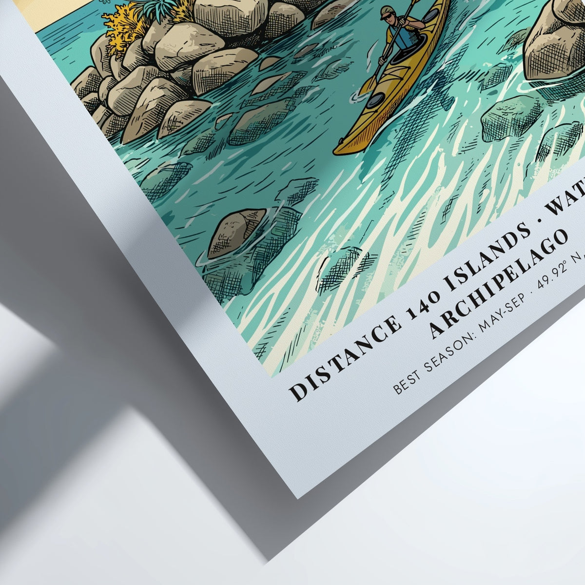 Poster featuring a yellow kayak in turquoise waters near the Isles of Scilly