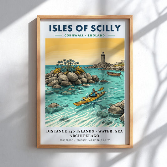 Poster featuring a yellow kayak in turquoise waters near the Isles of Scilly