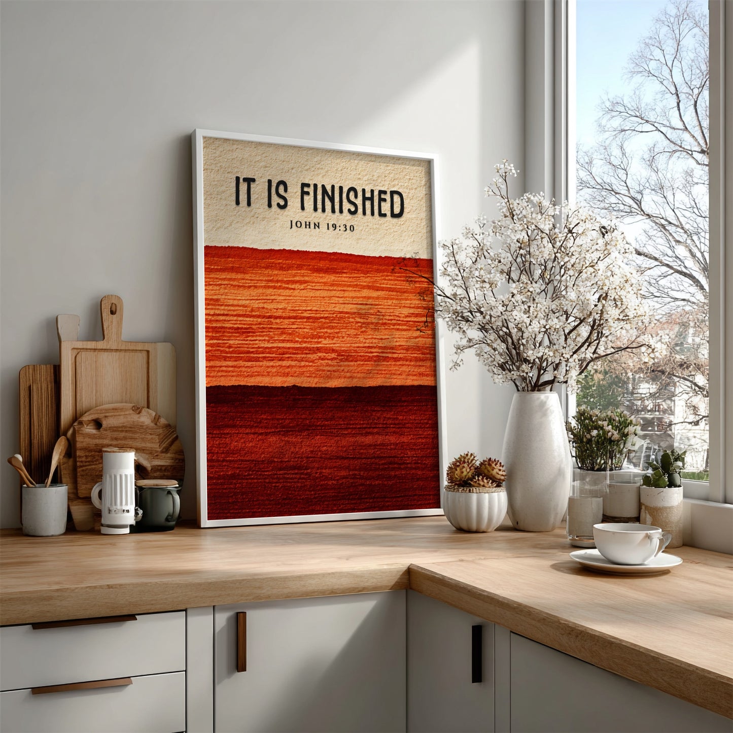 Inspirational poster featuring the phrase It Is Finished in warm gradient colors