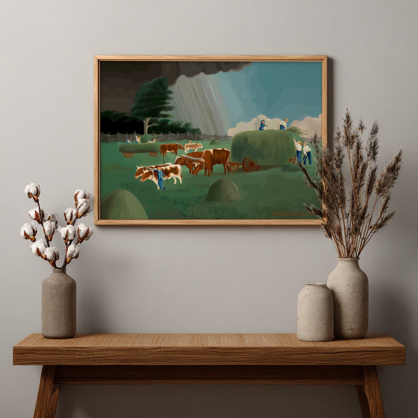 Vintage farm scene drawing titled 'It Will Soon be Here' by John Koehl, showing cattle and farmers before a