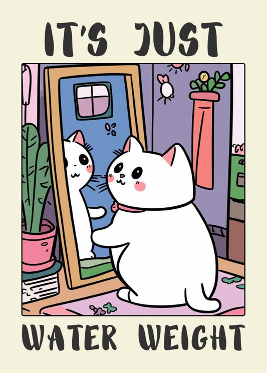 It’s Just Water Weight – Funny Cat Poster, Chubby Cat Wall Art, Quirky Animal Print, Body Positive Humor, Cute Feline Decor, Whimsical Pet Illustration