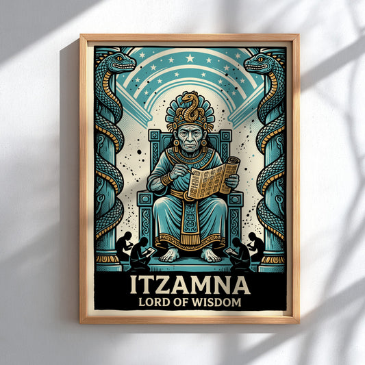 Poster featuring Itzamna as Lord of Wisdom with two serpents on a blue background