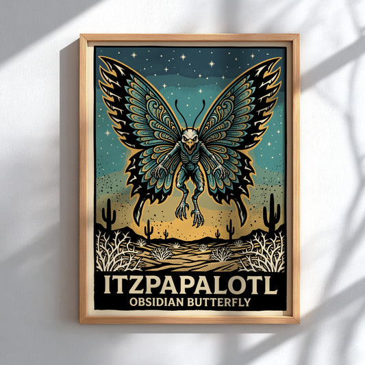 Poster of a skeletal Itzpapalotl obsidian butterfly flying over a desert landscape with stars