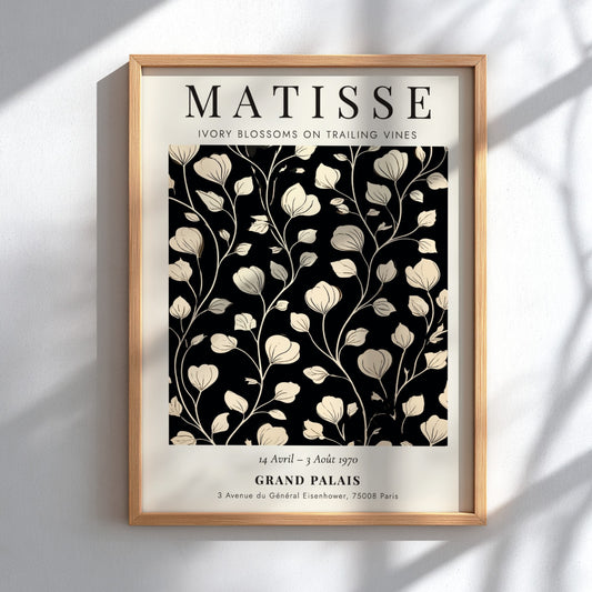 Henri Matisse Ivory Blossoms poster with floral design in ivory and black, perfect for wall decor.
