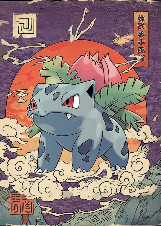 Animated Ivysaur Pokémon with a stylized background featuring a red sun and green leaves.