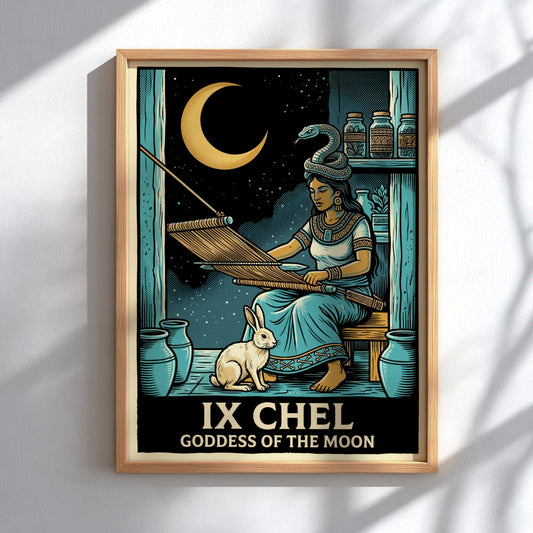 Poster of Ix Chel weaving with a rabbit and snake under a crescent moon