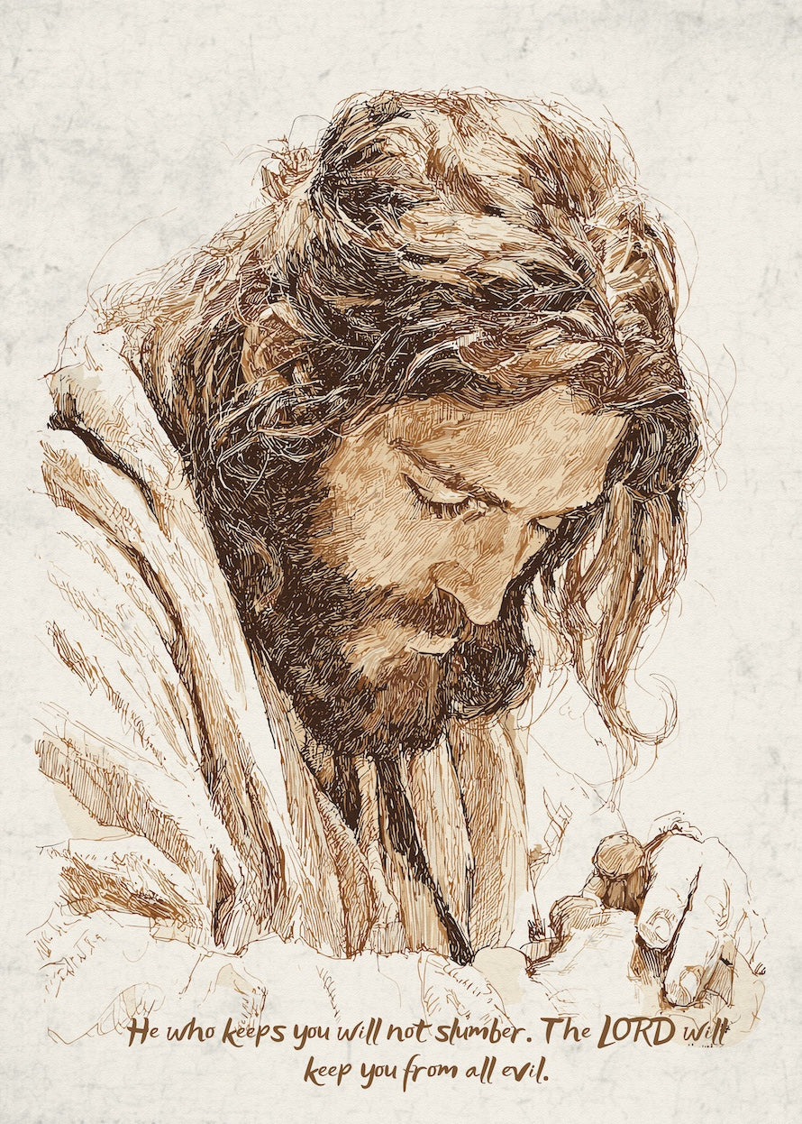 Artistic depiction of a religious figure with text on a textured background