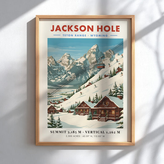 Jackson Hole ski resort poster featuring Teton Range, vintage style, snowy mountains, and cozy lodges in warm