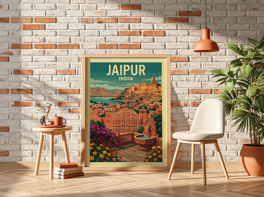 Jaipur India travel poster with vintage illustration of city and fort, warm color palette.