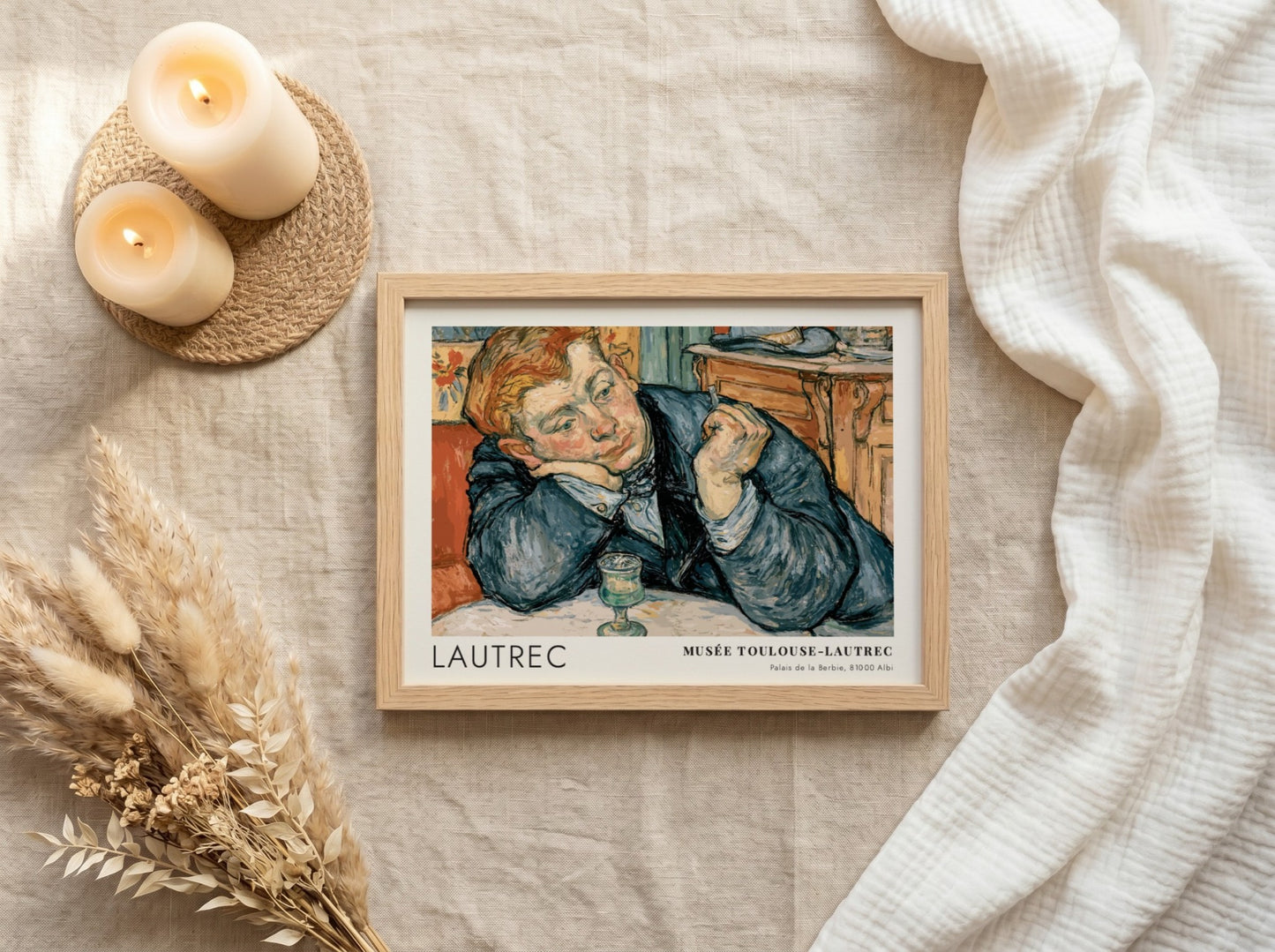 Wall art poster featuring a man in a blue coat by Toulouse-Lautrec, exhibition style.