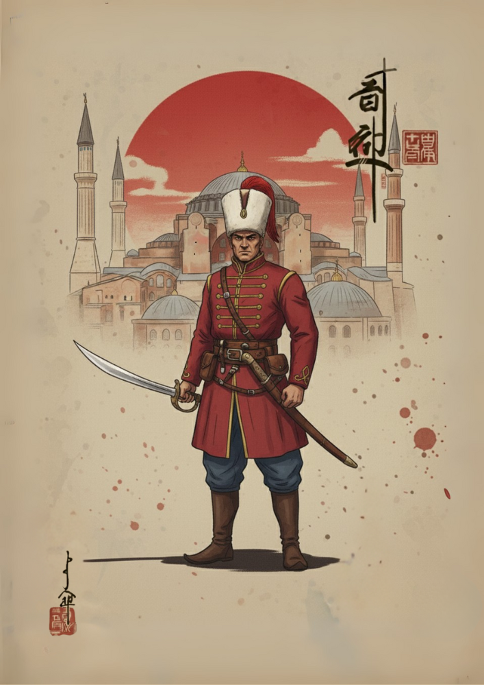 Illustration of a warrior in red armor with a sword, set against a cityscape with a large red sun.