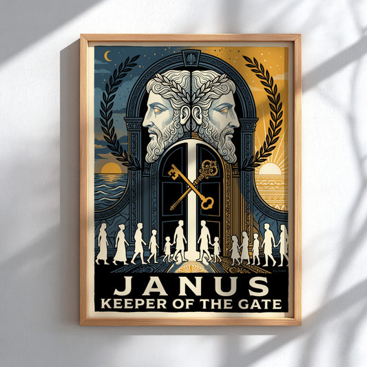 Poster featuring the Roman god Janus with two faces and golden keys displayed.