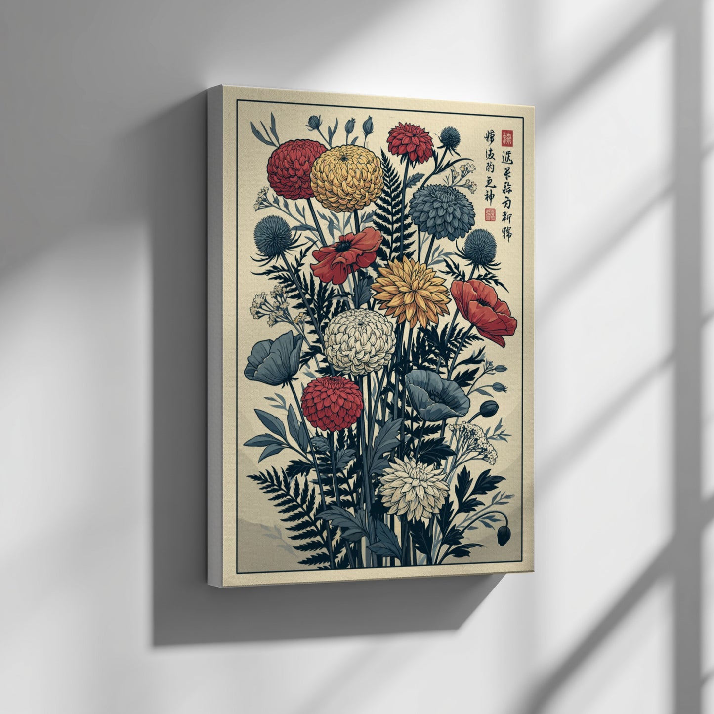 Japanese art style poster featuring a bouquet of red, yellow, and blue flowers with ferns.