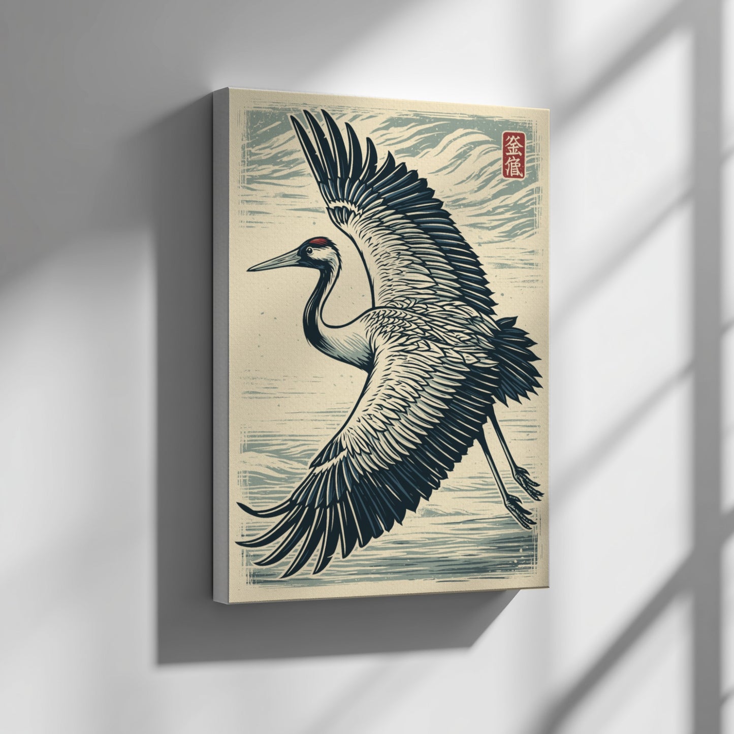 Japanese art style poster of a flying crane with wings spread, in shades of blue and white.